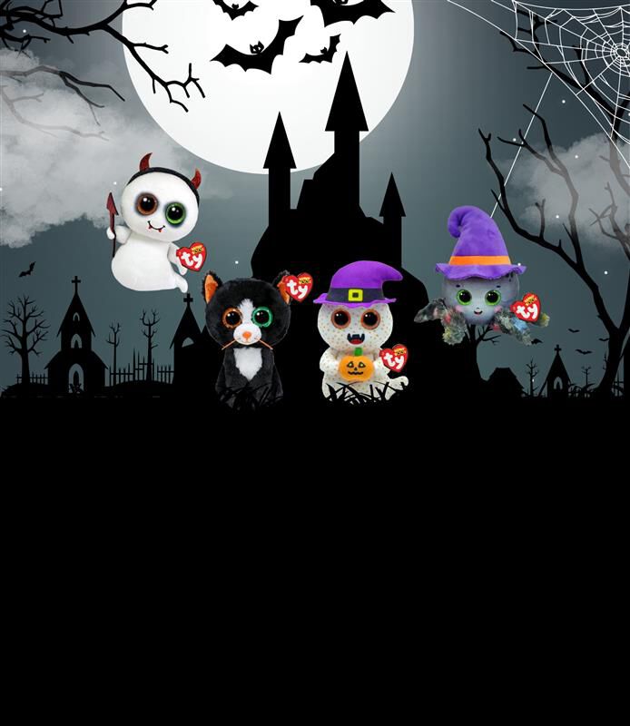 Four new halloween Beanie Boos in front of spooky background